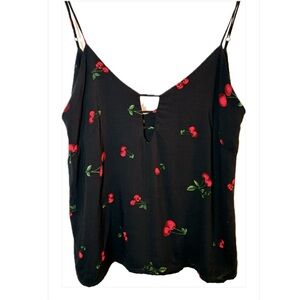 Farm Rio Pitanga Cherry Print Tank Top Small Black Red Adjustable Straps